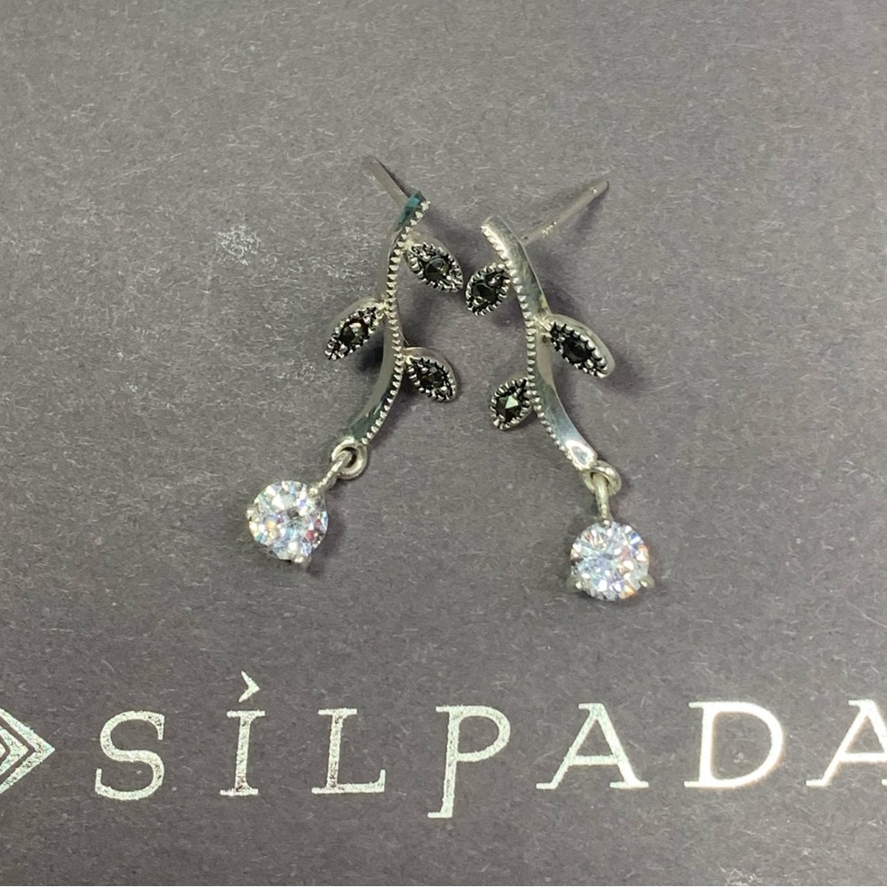 Early Silpada Rare Sterling Silver, Marcasite & CZ Floral Vine Drop Earrings